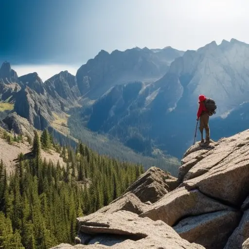 An image displaying a lone hiker standing atop a rugged mountain peak, surrounded by dense, towering trees