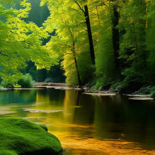 An image showcasing a lush, untouched forest with a crystal-clear river flowing through it