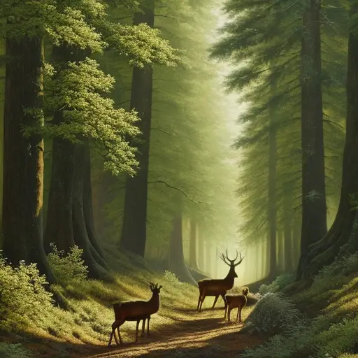 an image of a serene forest path, with a family of deer grazing peacefully alongside hikers, highlighting the harmonious coexistence between humans and wildlife, promoting the importance of respect and understanding