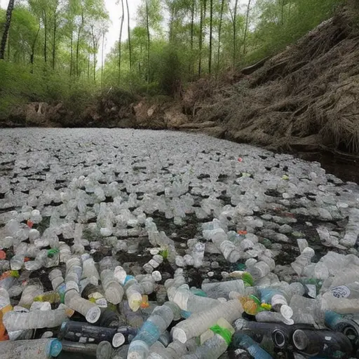 An image showcasing a serene forest landscape marred by discarded plastic bottles, tangled fishing nets, and crumpled snack wrappers, revealing the devastating long-term consequences of littering in the wild