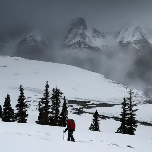 An image depicting a fierce snowstorm engulfing a lone hiker, showcasing the daunting struggle against harsh elements in a desolate wilderness