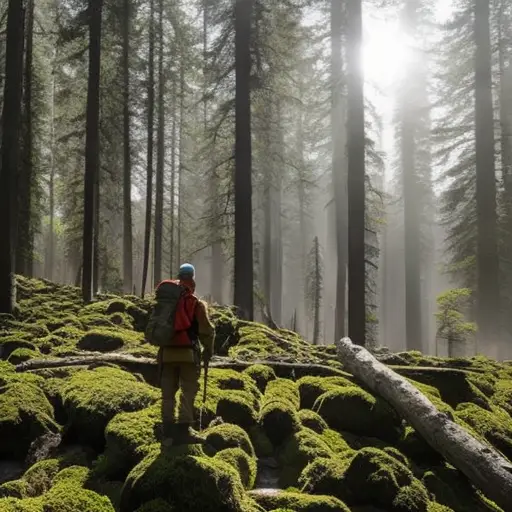 An image that juxtaposes a lush, untouched forest with a barren, deforested landscape