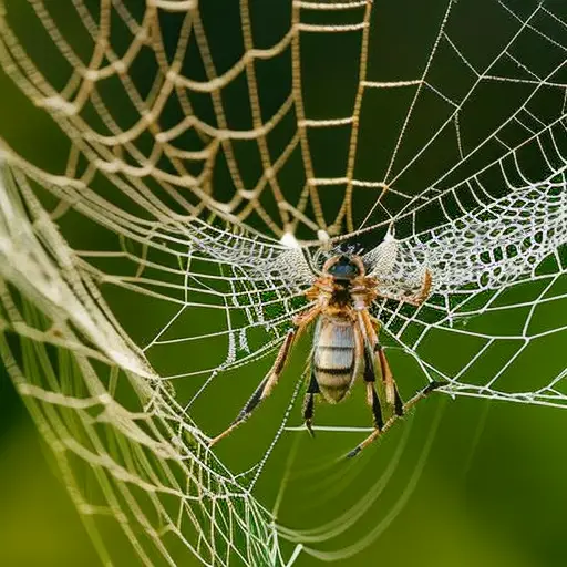 An image capturing the intricate dance of a spider weaving its delicate web amidst a dense forest, showcasing the vital role of insects in providing sustenance, pollination, and shelter in the wild