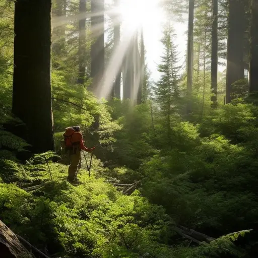 An image showcasing a dense forest with a sunlit clearing, where a hiker, equipped with a solar charger, charges essential wilderness gear like a compass, flashlight, and radio