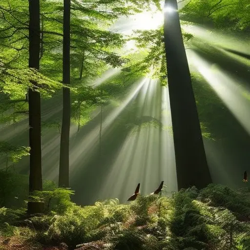 An image of a dense forest with a flock of birds perched on tree branches