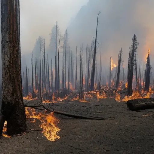 An image capturing the aftermath of a forest fire, showcasing charred tree trunks and a barren landscape, juxtaposed with signs of new growth like tiny sprouts emerging from the ashes